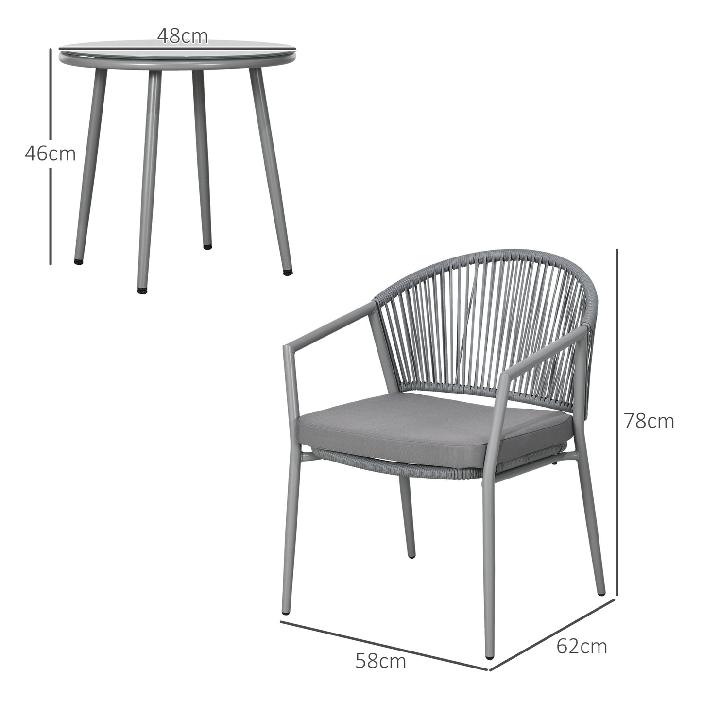 Bistroset – Tuinset – Balkonset – Tuintafel – Tuinstoelen – Rattan met Gepoedercoat Stalen Frame – Inclusief Glazen Tafelblad en Comfortabele Kussens