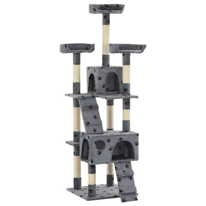 Multi-Level Cat Tree Tower with Sisal Scratching Posts, Stable Base & Paw Print Design - 170cm Tall Modern Cat Activity Center with Hanging Bed, Playrooms & Stairs - Space-Saving Indoor Cat Furniture for Living Room, Balcony