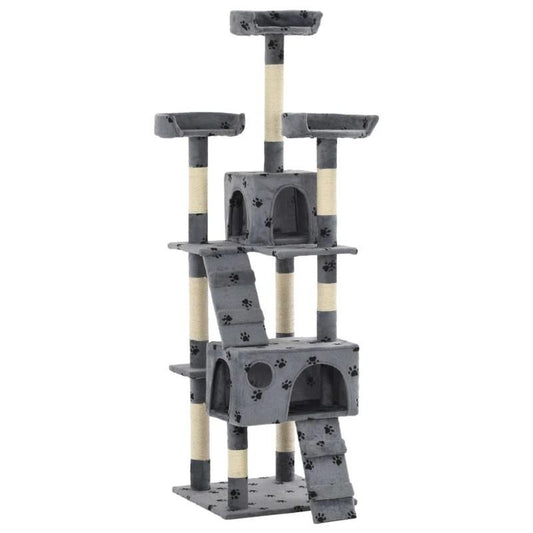 Multi-Level Cat Tree Tower with Sisal Scratching Posts, Stable Base & Paw Print Design - 170cm Tall Modern Cat Activity Center with Hanging Bed, Playrooms & Stairs - Space-Saving Indoor Cat Furniture for Living Room, Balcony