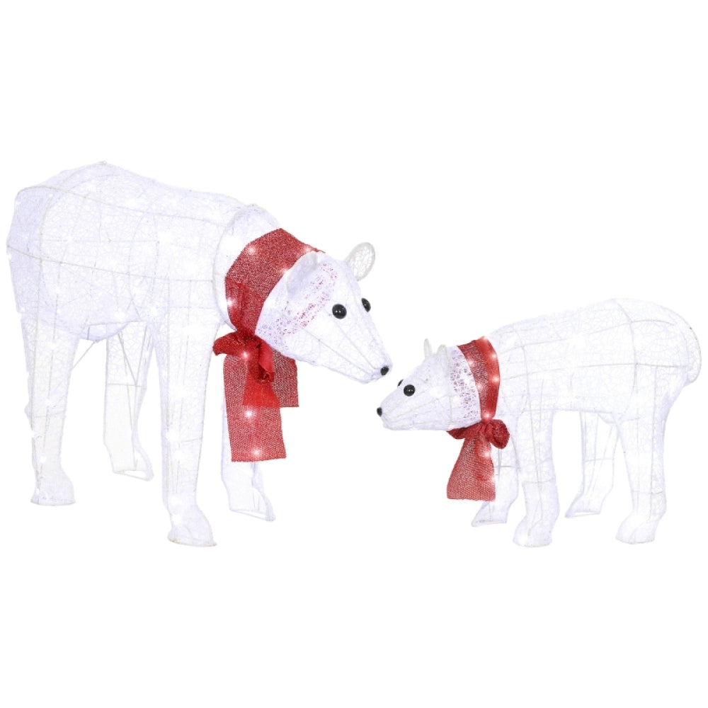 Kerstfiguur Polarbeer – IJsbeer Decoratie – Winterfiguur – Kerstdecor – Duo Set – LED Verlichting – Timerfunctie – Weerbestendig – Batterij Operatie – Zelfstaand – Met Rode Strik