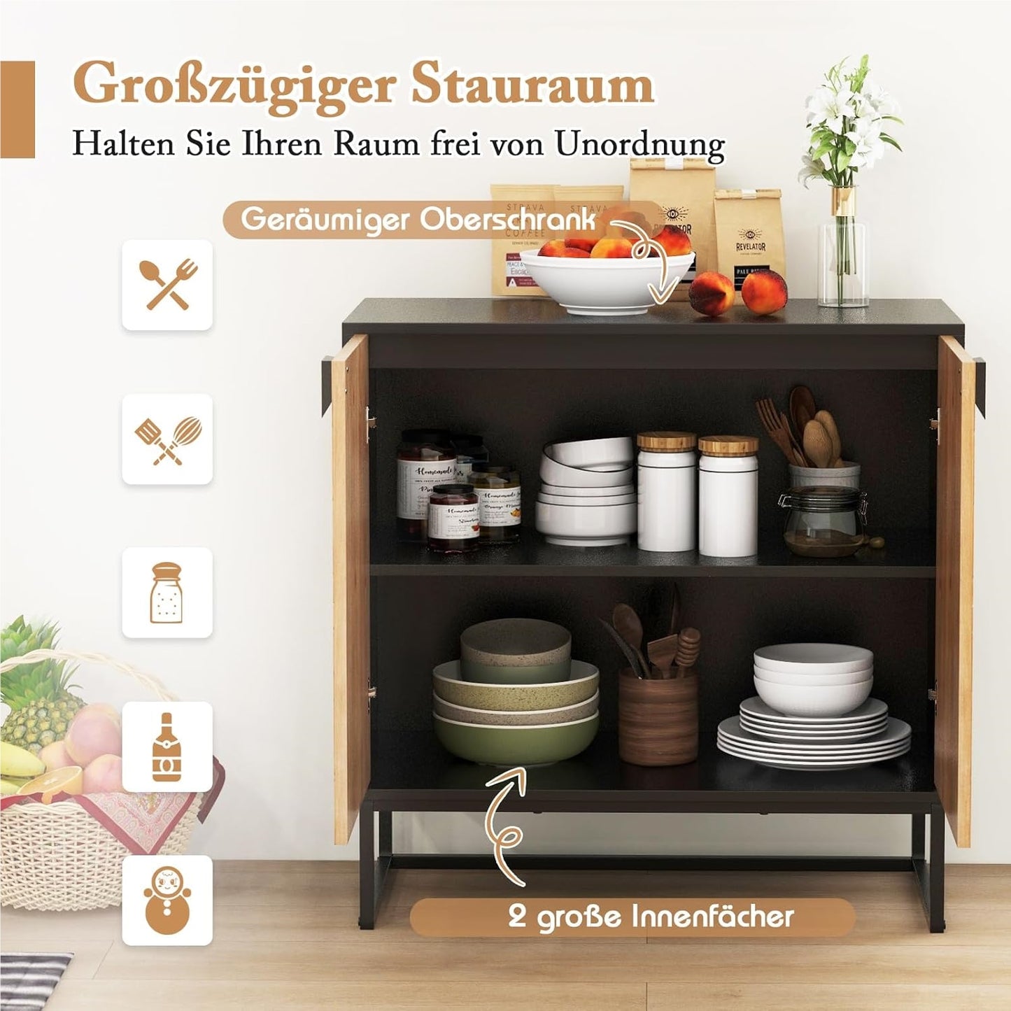 Sideboard – Dressoir – Kast – Buffetkast – Opbergkast – Modern Design – MDF Metalen Pooten – 80x40x80 cm – Zwart