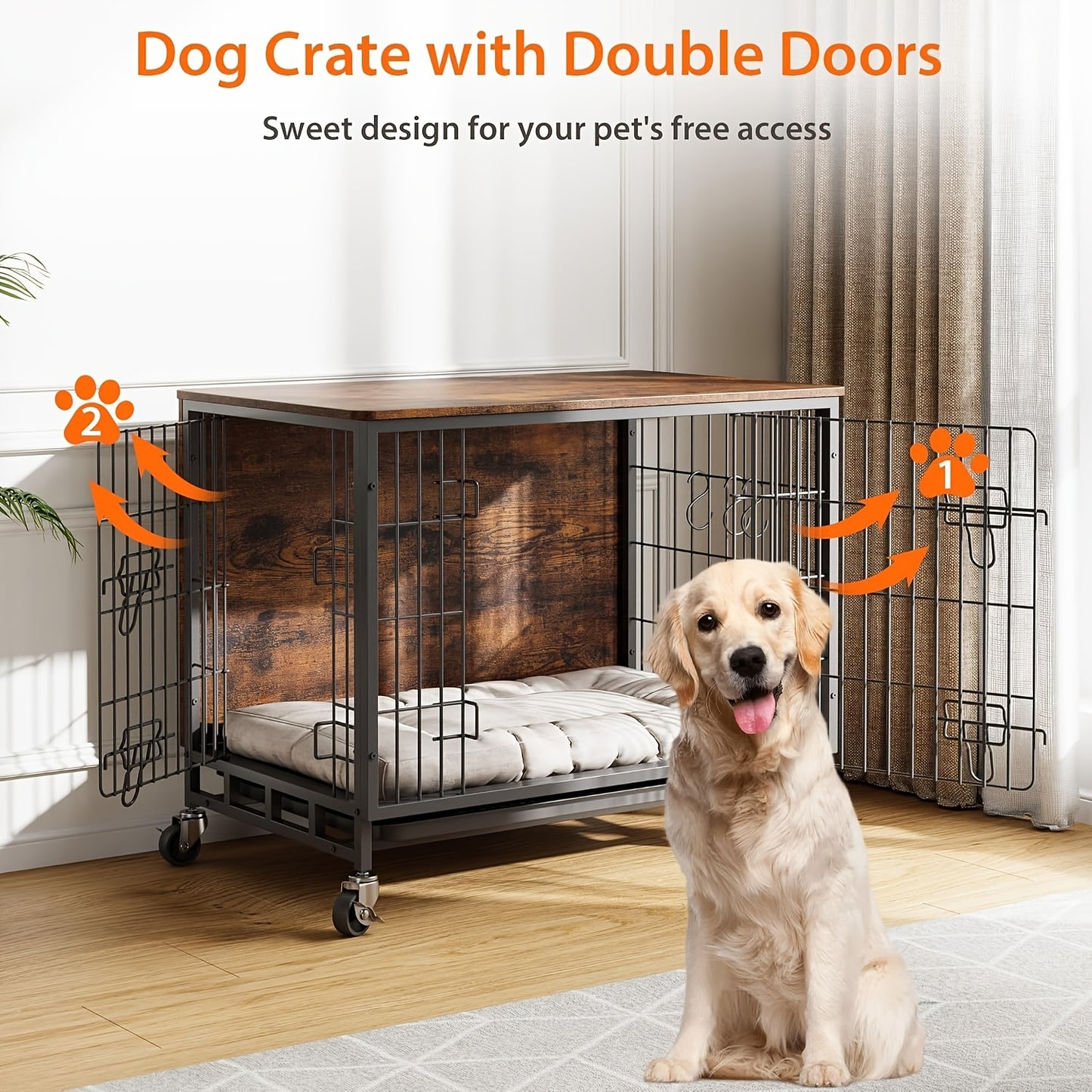 Hondenbench – Hondenkennel – Hondenkooi – Hondenkooi Binnen – Hondenhok – Groot formaat – IJzeren constructie – Dubbele deuren – Verrijdbaar met 4 wielen – Afneembare tray – Bruin meubeldesign
