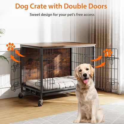 Hondenbench – Hondenkennel – Hondenkooi – Hondenkooi Binnen – Hondenhok – Groot formaat – IJzeren constructie – Dubbele deuren – Verrijdbaar met 4 wielen – Afneembare tray – Bruin meubeldesign