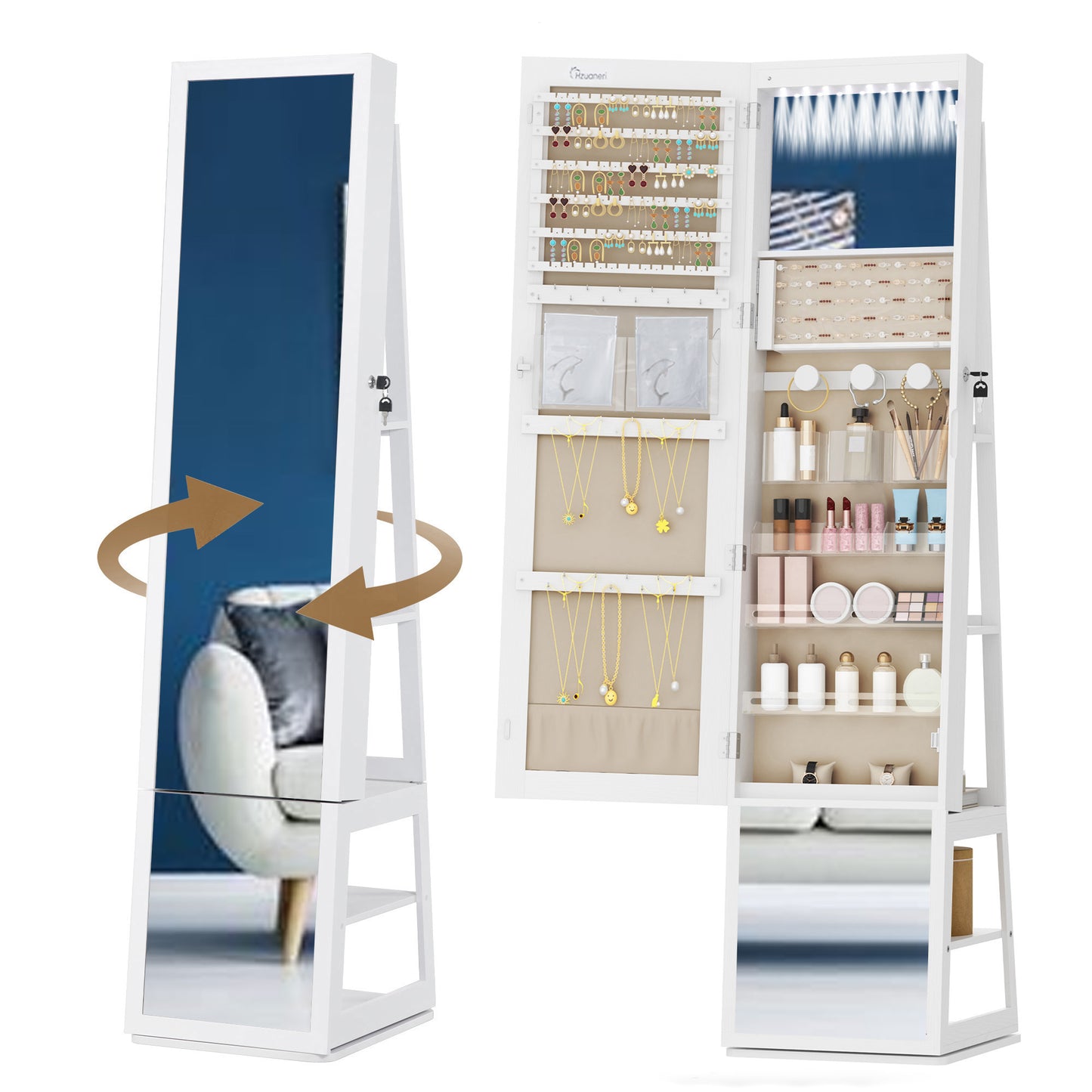 Sieradekast – Sieradenkast – Jewelry Organizer – Sieradenopberger – Make-up Kast – 360° Draaibare Spiegel – Veilig Afsluitbaar – 4 Lade Opbergvakken – Wit Met Beige Voering