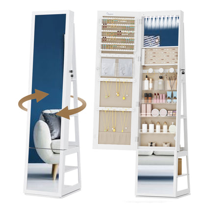 Sieradekast – Sieradenkast – Jewelry Organizer – Sieradenopberger – Make-up Kast – 360° Draaibare Spiegel – Veilig Afsluitbaar – 4 Lade Opbergvakken – Wit Met Beige Voering