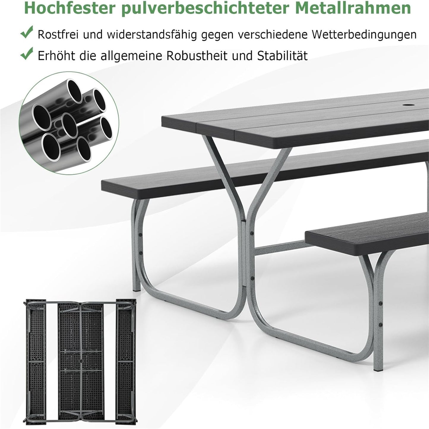 Bier Tent Set – Bierbank Set – Picknicktafel – Feesttafel – Tuinset – Weerbestendig HDPE Blad – Inclusief Parasolgat – Zwart – Geschikt Voor 6-8 Personen – Robuust Metalen Frame