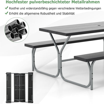 Bier Tent Set – Bierbank Set – Picknicktafel – Feesttafel – Tuinset – Weerbestendig HDPE Blad – Inclusief Parasolgat – Zwart – Geschikt Voor 6-8 Personen – Robuust Metalen Frame