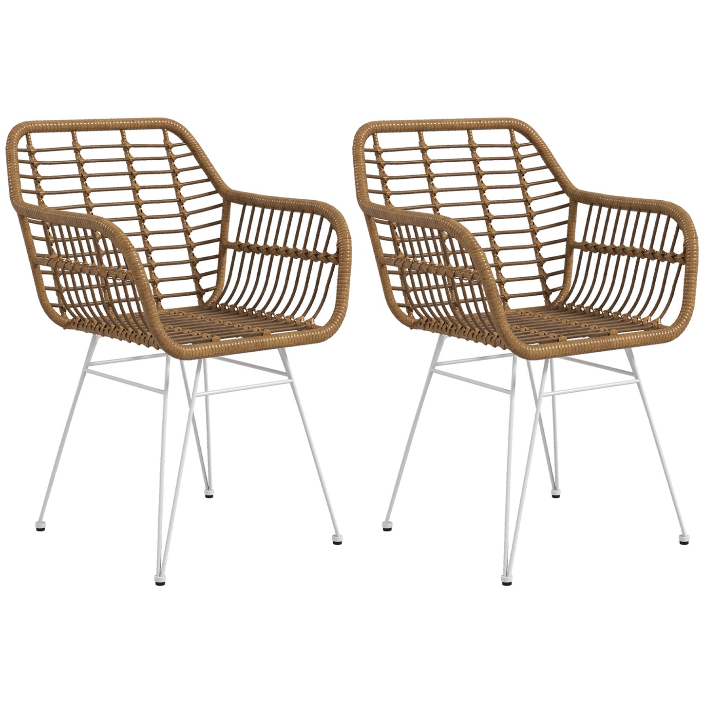 Eetkamerstoel – Keukenstoel – Stoel – Kuipstoel – Rattan Look – Set van 2 – Met Rugleuning – Metaal Frame – Lichtbruin/Wit – 56x60x79 cm
