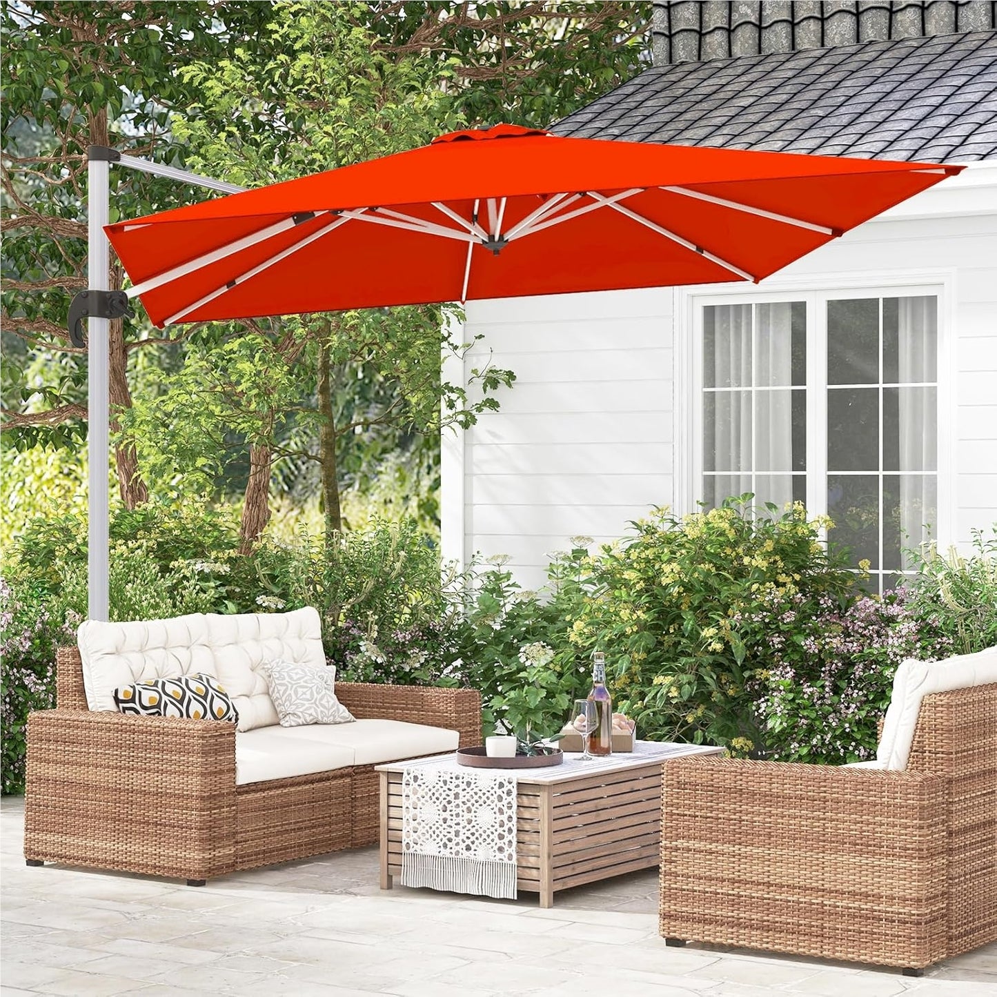Rechthoekige Parasol – Terrasparasol – Tuinparasol – Marktparasol – Vlagparasol – 300 x 300 cm – 360° Draaibaar – Verstelbare Kantelfunctie – Rood