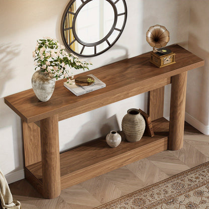 Console Tafel – Sofa Tafel – Sidetable – Haltafel – Accenttafel – 160 cm – U-Vormige Grijze Basis – Vintage Brown & Gray – Houten 2-Lagen – Landelijk Design