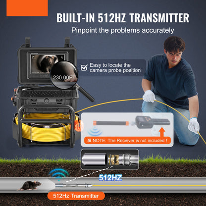 Rioolcamera – Afvoerinspectiecamera – Pijpencamera – Inspectiesysteem – Zelfnivellerende Cameratype – 70 Meter Kabel – 9 Inch HD Scherm – 512Hz Locatiefunctie