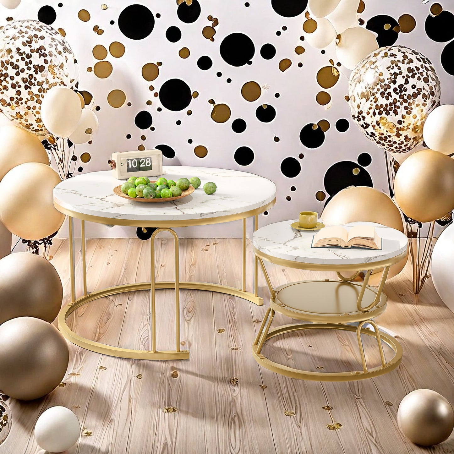 Salontafel – Bijzettafel – Koffietafel – Tafeltje – Ronde Salontafel Set – Gouden Metaal Frame – Marmer Effect Tafelblad – Stapelbaar – Lichtgewicht