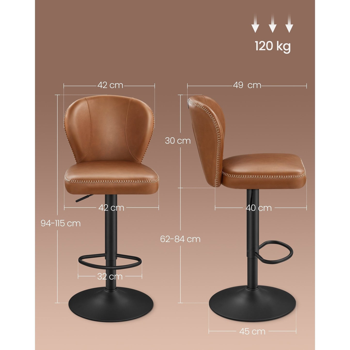 Barstoel – Barkruk – Barstoelen – Kruk – Bistrostoel – 360° Draaibaar – Verstelbare Zithoogte – Kunstleren Bekleding – Set van 2 – Karamel Bruin