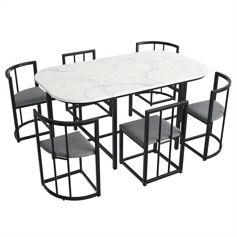 Eettafelset 6 Personen – Dining Table Set – Eetkamerset – Tafeltje Met Stoelen – Restaurantmeubilair – Modern Design – Wit MDF Blad – Zwart Metalen Frame – Comfortabele Grijze Stoelen – Duurzaam & Stevig