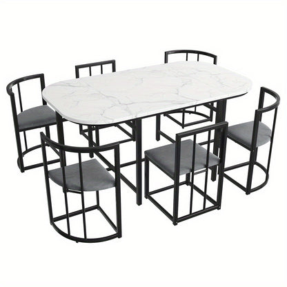 Eettafelset 6 Personen – Dining Table Set – Eetkamerset – Tafeltje Met Stoelen – Restaurantmeubilair – Modern Design – Wit MDF Blad – Zwart Metalen Frame – Comfortabele Grijze Stoelen – Duurzaam & Stevig