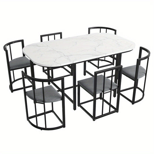 Eettafelset 6 Personen – Dining Table Set – Eetkamerset – Tafeltje Met Stoelen – Restaurantmeubilair – Modern Design – Wit MDF Blad – Zwart Metalen Frame – Comfortabele Grijze Stoelen – Duurzaam & Stevig