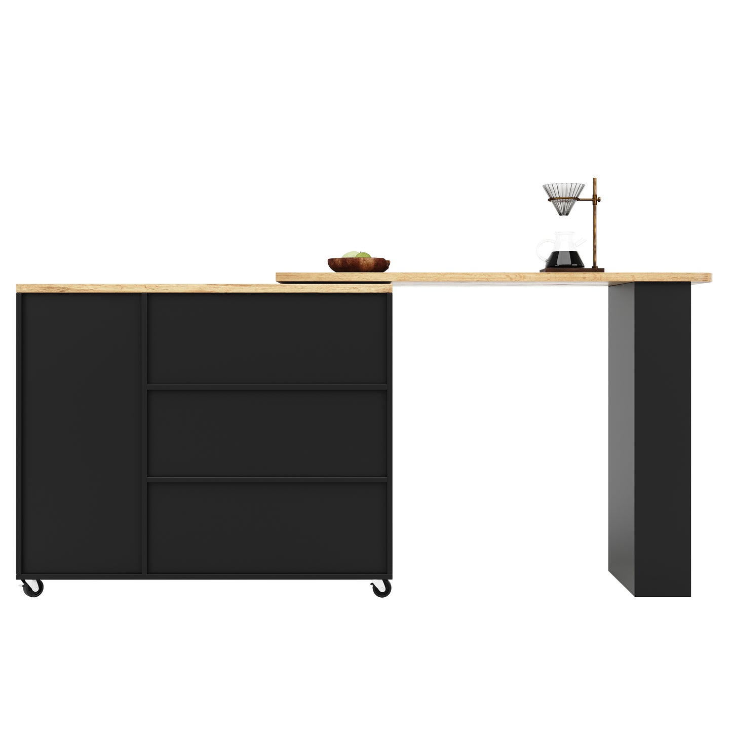 Dressoir – Sideboard – Opbergkast – Ladekast – Draaibaar 360° – Uittrekbare Lengte 135-203 cm – Met Wieltjes en Lade