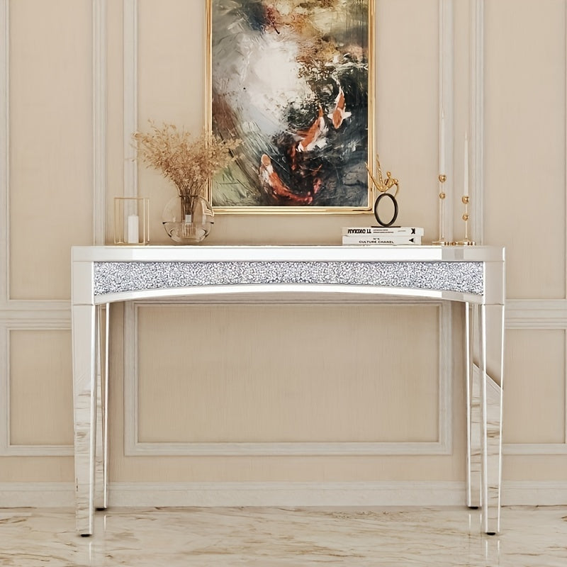 Spiegelende Sidetable – Console Tafel – Bijzettafel – Halmeubel – Make-uptafel – Glamoureuze Diamantkristal Afwerking – 120x35x80,5 cm – Glas en Hout