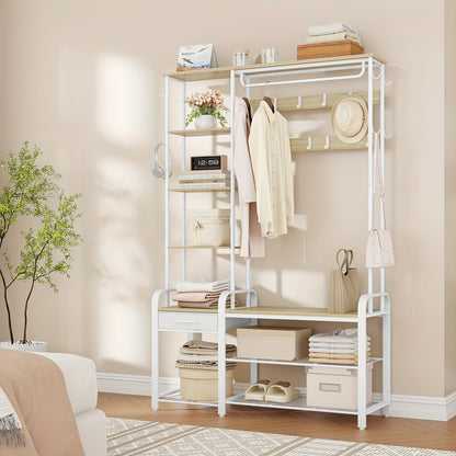 Coat Rack with Bench, Wardrobe with 3-tier Shoe Bench And 1 Drawer, 5-in-1 Clothes Rack with 17 Hooks, 1 Hanging Rod, 4-tier Side Shelves, Golden Oak-white, Coat And Hat Rack, Clothes Hanging Rack, Clothes Rack with Mirror, C