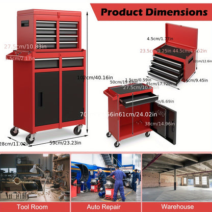 Werkbank – Werktafel – Gereedschapskist – Opbergkast – Mobiele Werkbank – 5 Lades – Opvouwbaar – Verstelbare Plank – Metalen Frame – Rood