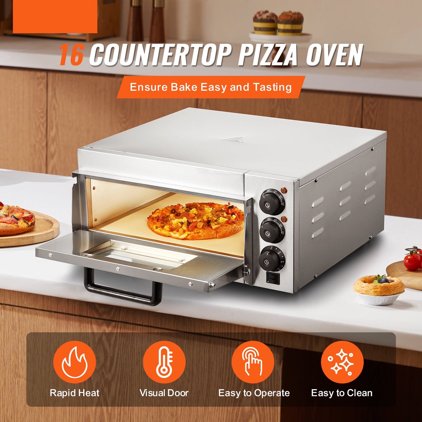 Elektrische Pizzaoven – Pizzaoven Oven Fornuis Bakoven – Pizzafornuis Keukenoven – RVS 40,6 cm – 360° Warmtecirculatie – Instelbare Temperatuur 50-350°C