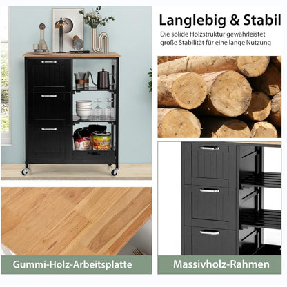 Keukentrolley – Keukenwagen – Opbergtrolley – Keukenkar – Mobiele Keukentrolley – Rubberhouten Werkblad – 3 Grote Lades & 2 Open Planken