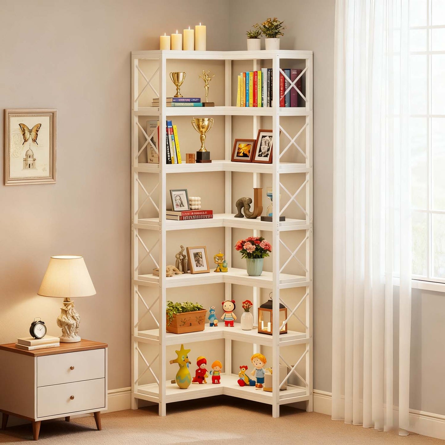 Tall 7 Tier Corner Bookcase with Sturdy Metal Frame, Large Industrial Style Corner Bookshelf and Display Storage Rack for Living Room or Home Office, Clean White Finish