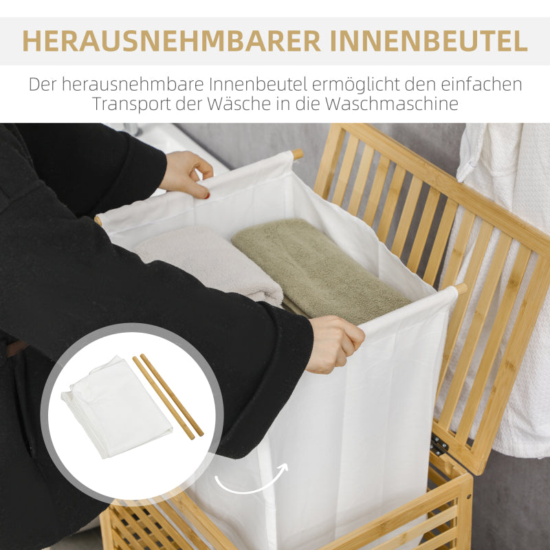Wasmand – Wasbak – Wasopberger – Wasbox – Wascontainer – Natuurlijk Hout – 55 Liter Inhoud – Afneembare Binnenzak