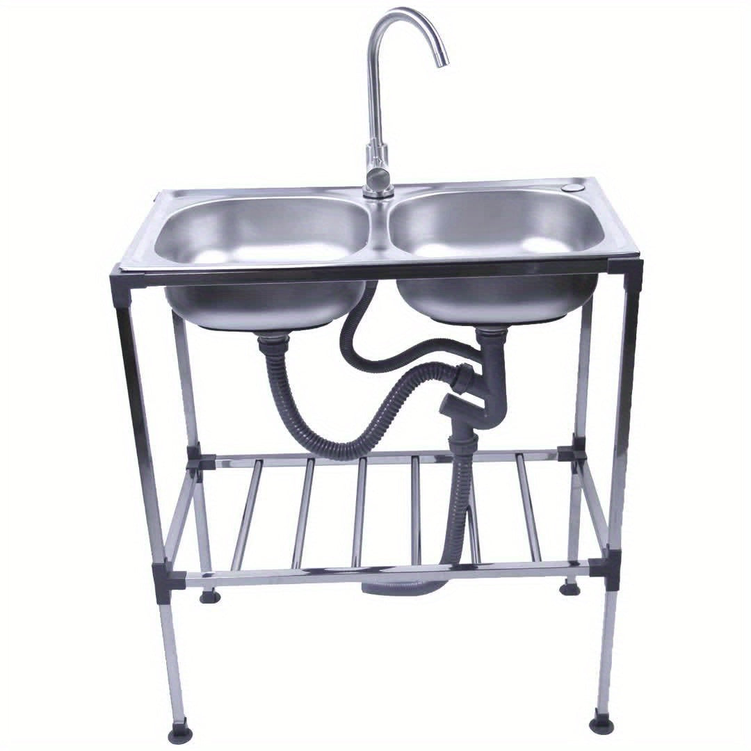 Double Bowl Kitchen Sink, Freestanding Sink with Hot And Cold Water Faucet, Portable Sink with Drain Kit Suitable for Camping, Balcony, Garage