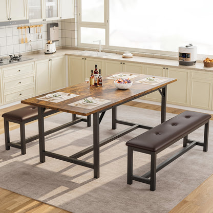 3pcs Large Extendable Dining Table Set for 4-6 People with 2 Upholstered Benches - Solid Retro Brown Kitchen Table, Space-Saving Expandable Design for Apartment, Family, Gatherings - Fits 4-6 Seaters