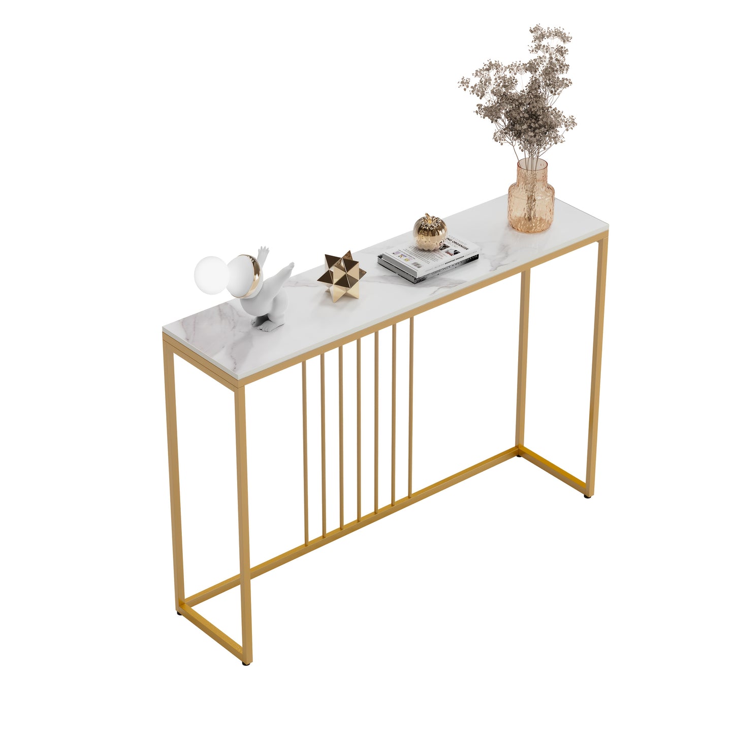 Sidetable – Consolle Tafel – Wandtafel – Haltafel – Dressoir – Wit Sintered Stone Blad – Gouden Metalen Frame – 120x30x79 cm – Krasbestendig & Onderhoudsvriendelijk