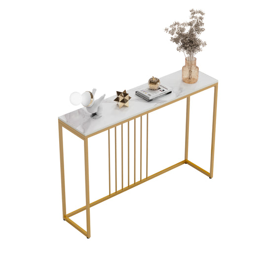 Sidetable – Consolle Tafel – Wandtafel – Haltafel – Dressoir – Wit Sintered Stone Blad – Gouden Metalen Frame – 120x30x79 cm – Krasbestendig & Onderhoudsvriendelijk