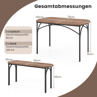 Eettafelset – Eethoek – Keukentafel – Tafel Met Banken – Industriële Tafelset – Vintage Bruin – Metalen Frame – Ruime Zitplaats Voor 4 Personen