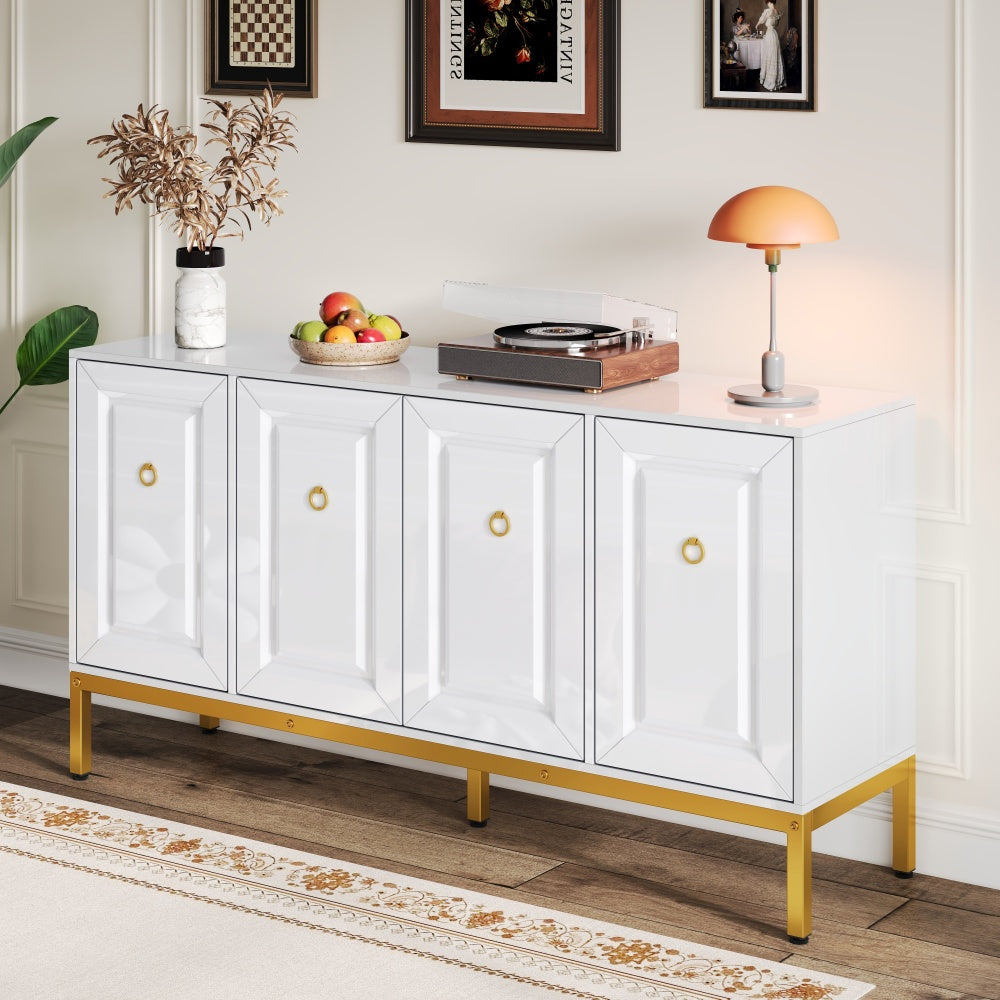 Dressoir – Sideboard – Opbergkast – Ladekast – Wandkast – Hoogglans Wit – Gouden Accenten – 140x80x40 cm – Ruime Opbergruimte