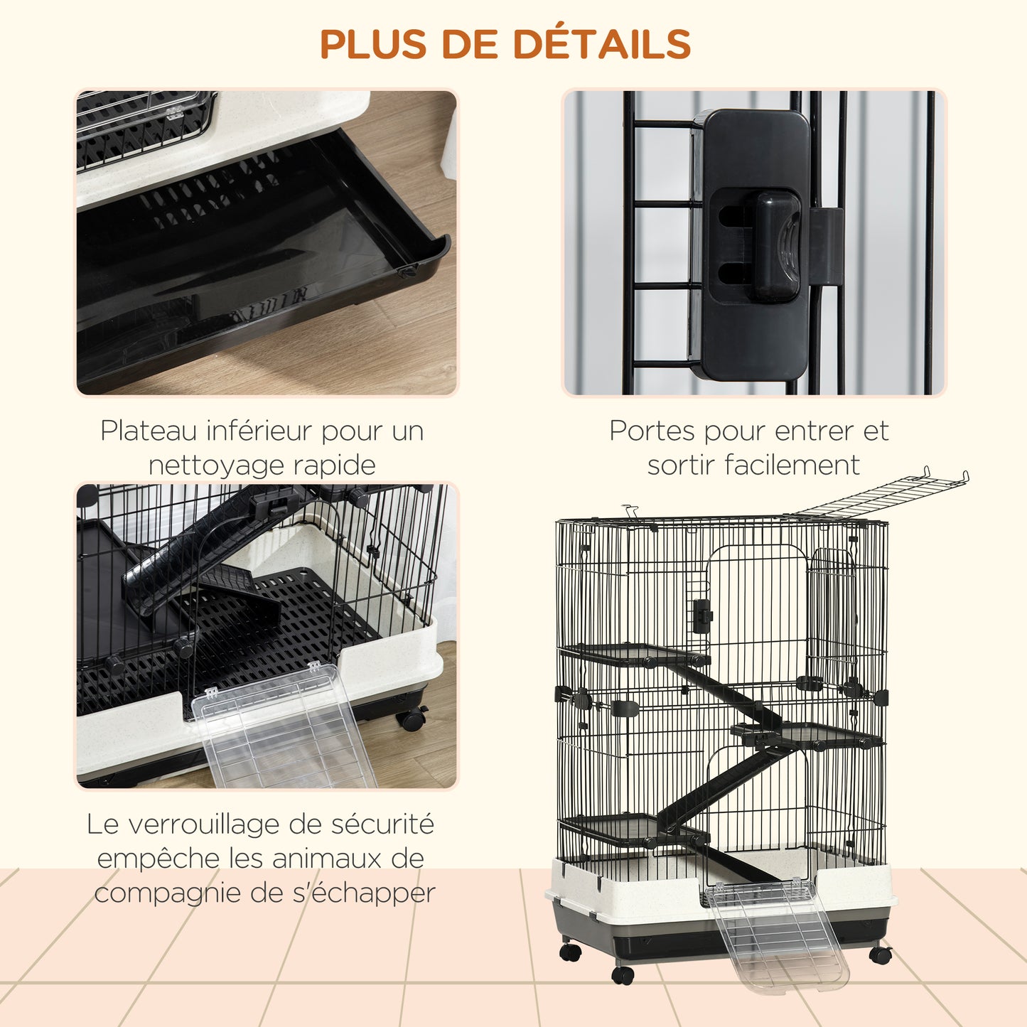 Kooi Kleine Knaagdieren – Huisdierkooi – Caviakooi – Konijnenhok – Hamsterkooi – Metalen Frame – 3 Verwijderbare Platforms – 4 Wielen Met Rem – 81,2x52,7x114 cm – Zwart