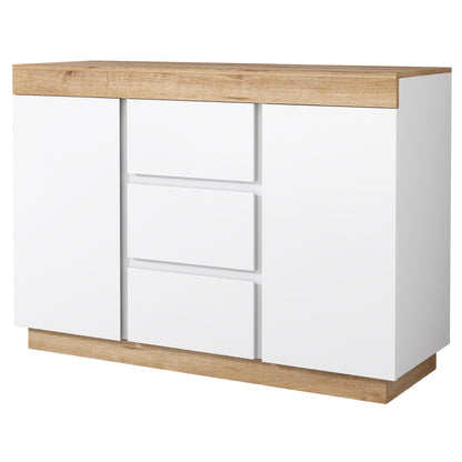 Merax Dresser with 3 Drawers and 2 Doors, Lockable Compartment, Storage Function, for Bedroom and Living Room, E1 Chipboard, White+Oak