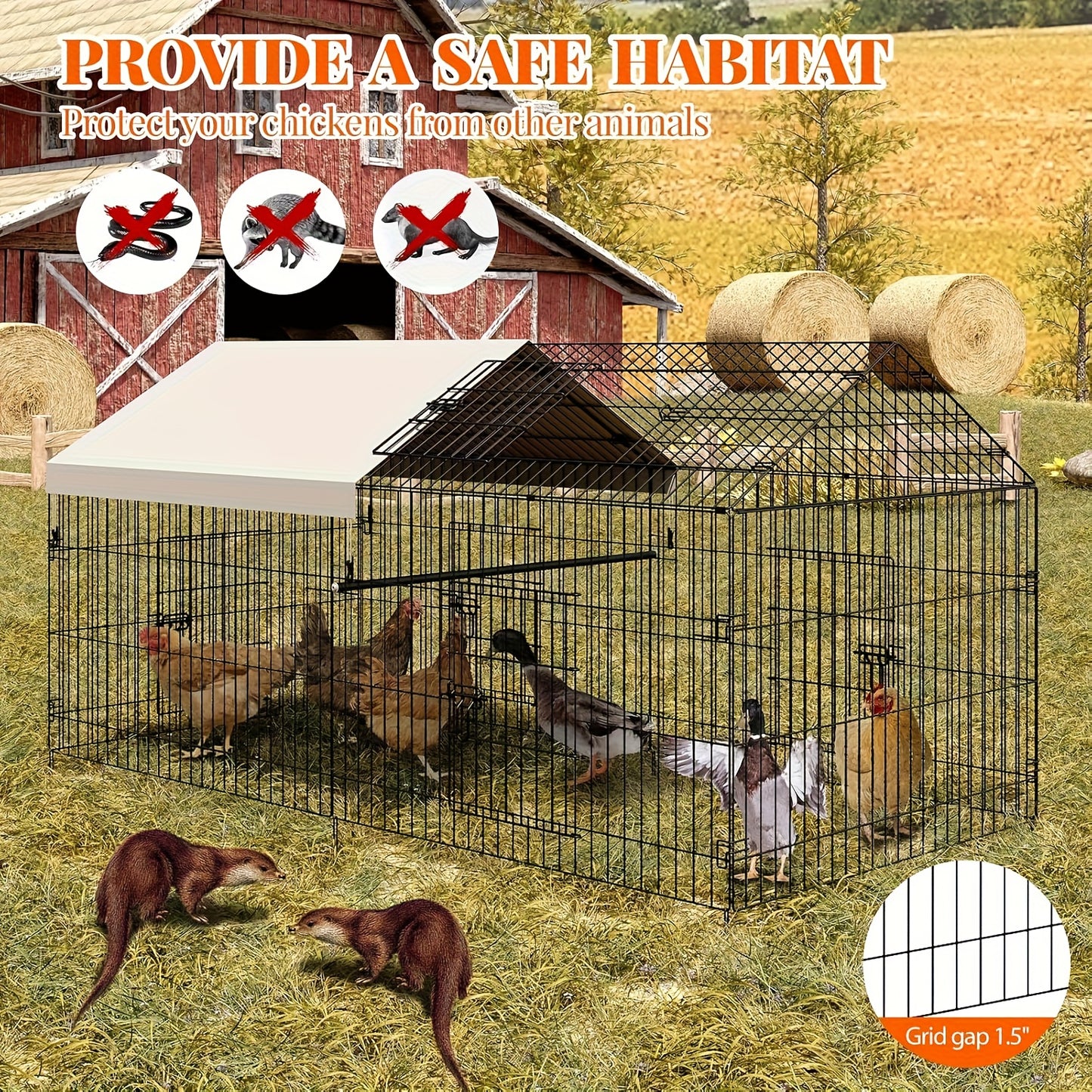 Large Metal Chicken Coop for Outdoor Use, 218 x 101 x 101cm, Waterproof with Run Enclosure, Wire Mesh Pen, 4 Doors, 1 Window, Habitat for Geese, Ducks, Rabbits, and Pets, Animal Enclosure, Pet Habitat, Spacious Coop, Secure E