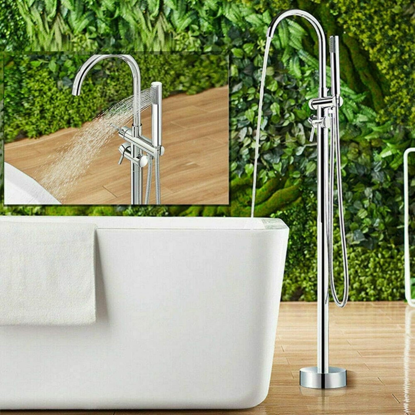Badkraan – Vrijstaande Badkraan – Badmengkraan – Douchekraan – Badkuipkraan – Chroomgekleurd Messing – Vloerbevestiging – Met Handdouche – Instelbare Hoogte 118 cm