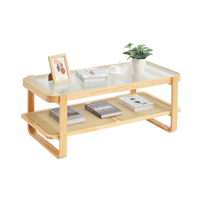 Rotan Bijzettafel – Salontafel – Rattan Tafel – Woonkamertafel – Opbergtafel – 114 cm – Handgevlochten Rattan & Gehards Glas