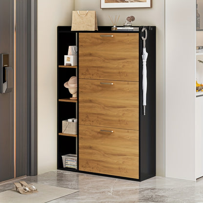 Schoenenkast – Schoenenopberger – Schoenenrek – Halmeubel – Schoenentoren – Smal Design – 3 Deuren – Hardhouten Constructie – Zwarte Afwerking – Bovenblad Display – Ruimtebesparend