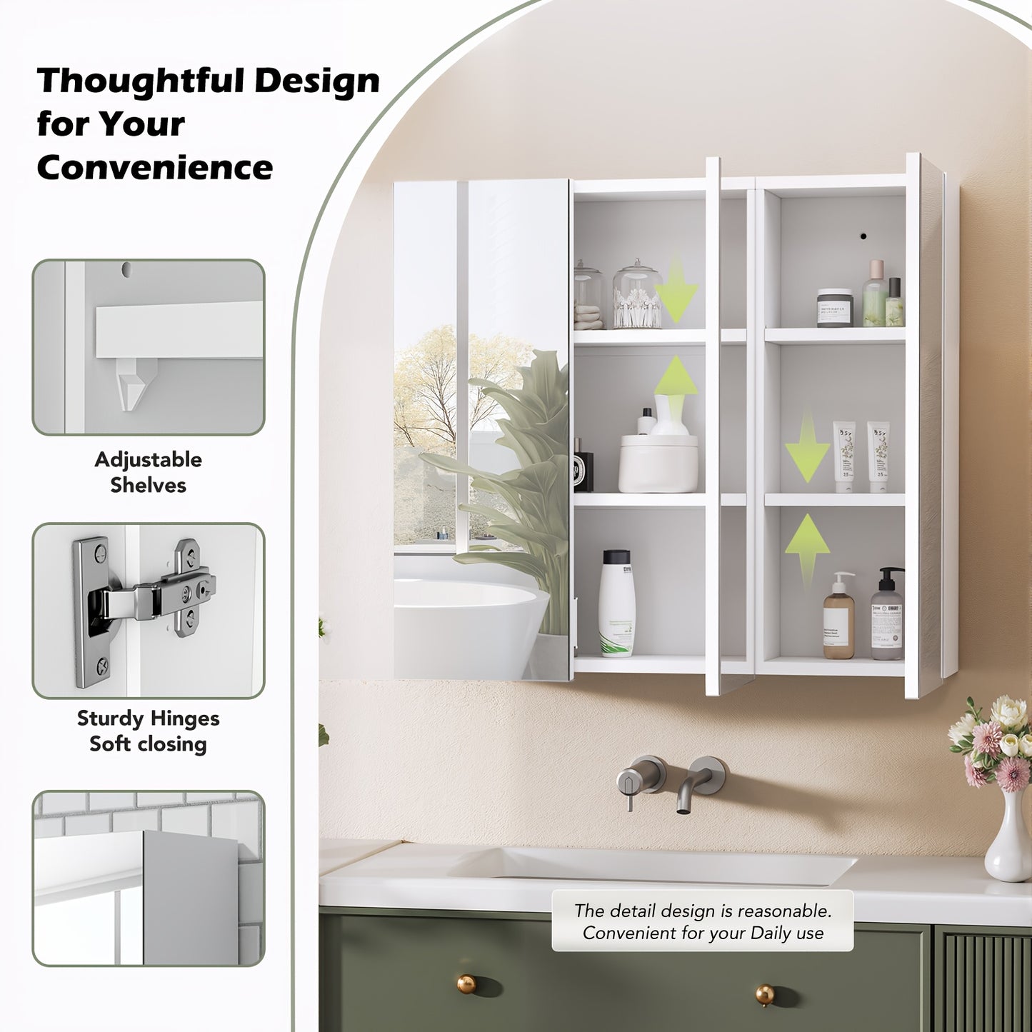 Badkamerspiegel – Spiegelkast – Wandkast – Opbergkast – Spiegelwandkast – 3 Spiegeldeuren – Verstelbare Plank – Wit – Chipboard & Glas