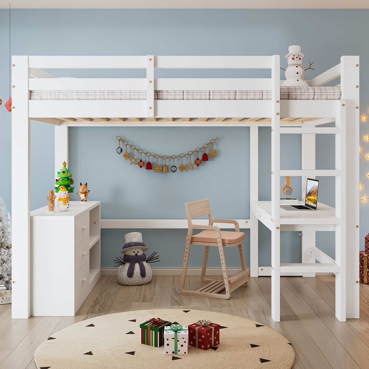 Hoogslaper – Stapelbed – Bedbank – Halfhoogslaper – Kinderbed – Wit Design – Inclusief Bureau en Opbergruimte – Bedmaat 90x200 cm – Volledig Gemonteerd