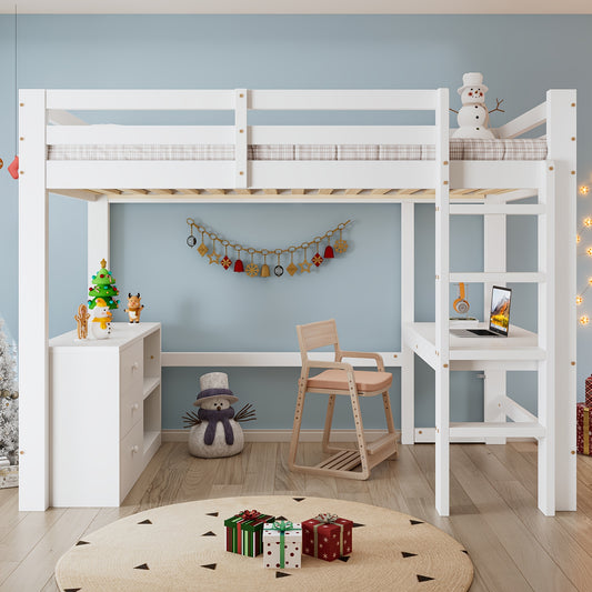 Hoogslaper – Stapelbed – Bedbank – Halfhoogslaper – Kinderbed – Wit Design – Inclusief Bureau en Opbergruimte – Bedmaat 90x200 cm – Volledig Gemonteerd