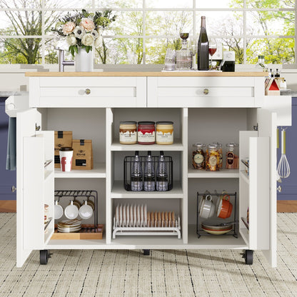 Modern White Metal Kitchen Island with Storage Cabinets, Serving Trolley & Snack Rack - Multifunctional Mobile Cart with Locking Casters, Dishwasher-Safe Countertop, Easy Assembly, Space-Saving Design for Small Kitchens, Dini
