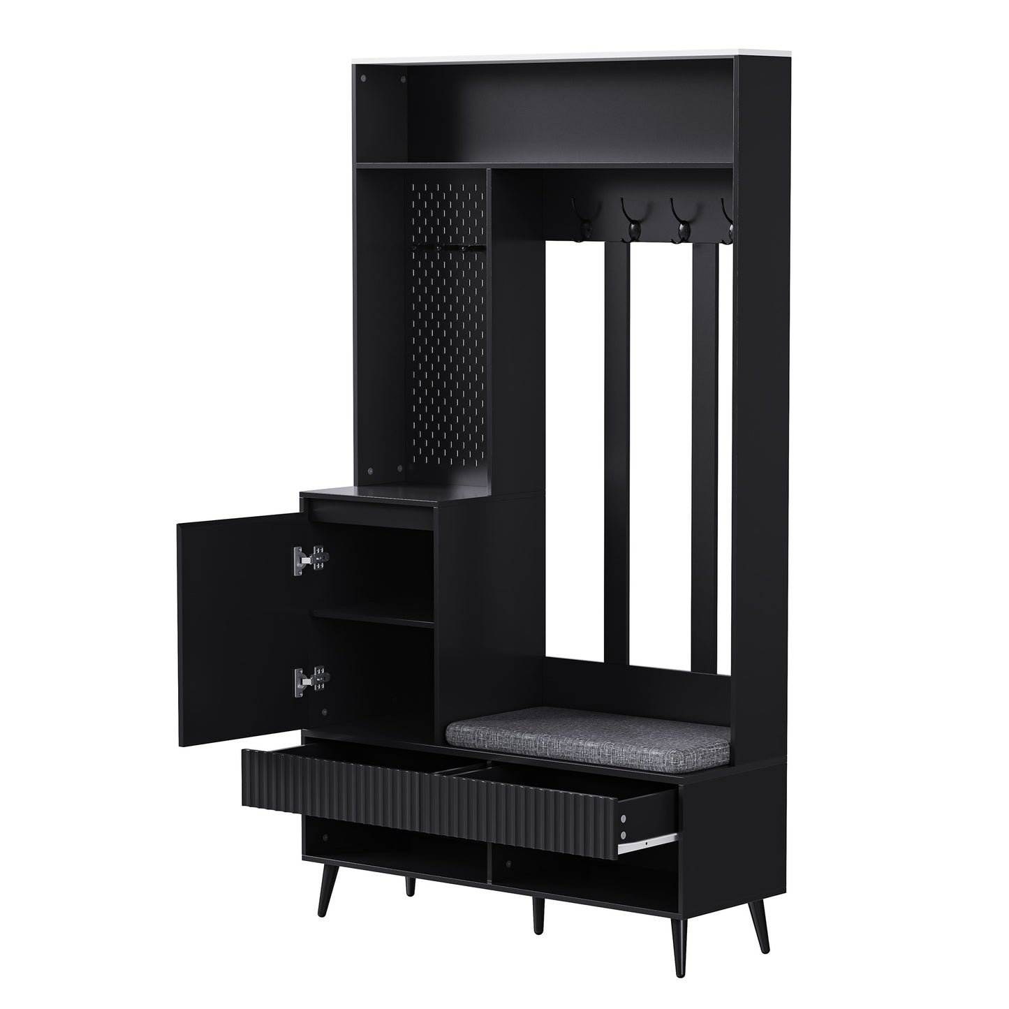 Halmeubel – Kapstok – Schoenenrek – Opbergkast – Zitbank – 6-in-1 Multifunctioneel – Mat Zwart MDF – 100x35x180 cm – Kantelbeveiliging