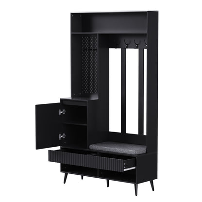 Halmeubel – Kapstok – Schoenenrek – Opbergkast – Zitbank – 6-in-1 Multifunctioneel – Mat Zwart MDF – 100x35x180 cm – Kantelbeveiliging