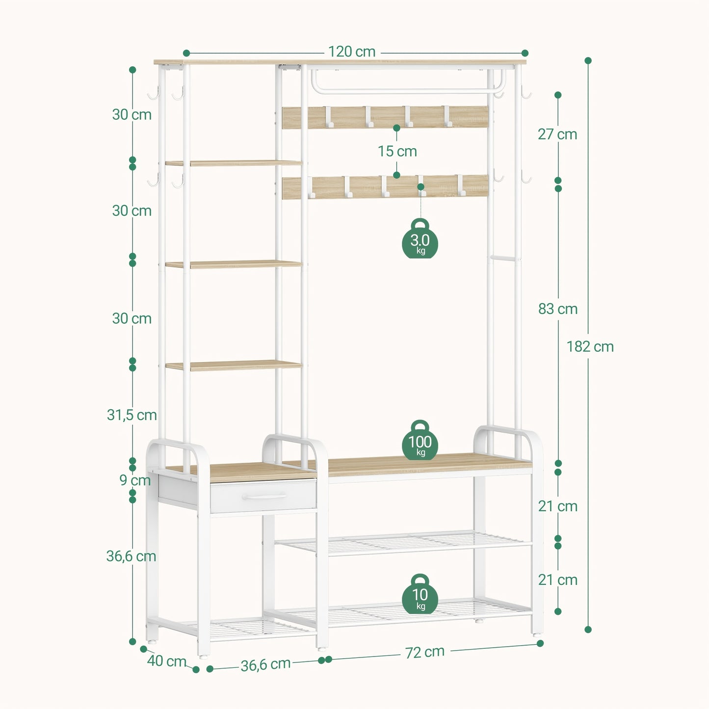Kapstok 5-in-1 – Kapstok met Zitbank – Schoenenrek – Jassenrek – Opbergkast – Golden Oak-Wit – Inclusief 17 Haken en 3-laags schoenenrek