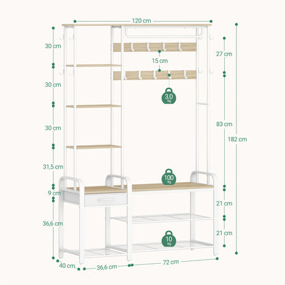 Kapstok 5-in-1 – Kapstok met Zitbank – Schoenenrek – Jassenrek – Opbergkast – Golden Oak-Wit – Inclusief 17 Haken en 3-laags schoenenrek