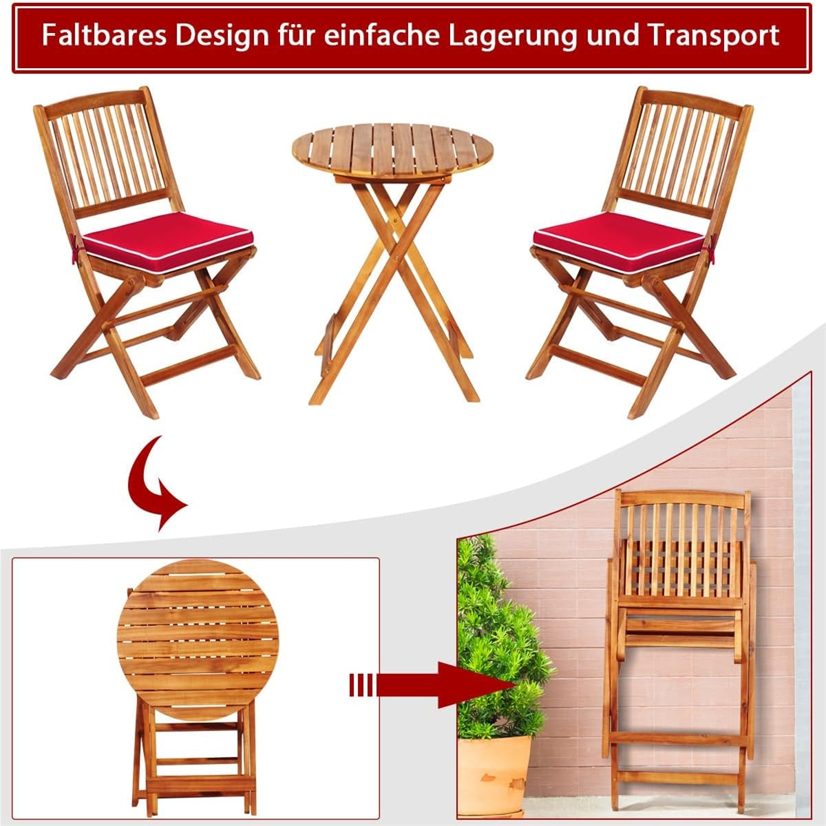 Bistroset – Tuinset – Balkonset – Eettafelset – Tuinmeubilair – Inklapbaar – Acaciahouten 3-delig met Rood Kussen