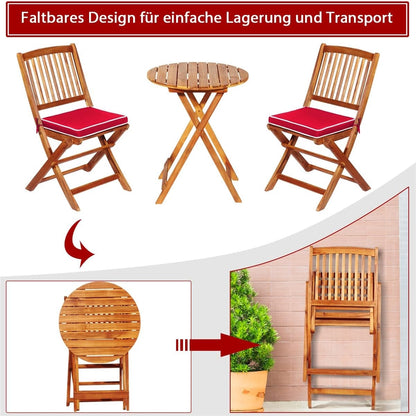 Bistroset – Tuinset – Balkonset – Eettafelset – Tuinmeubilair – Inklapbaar – Acaciahouten 3-delig met Rood Kussen